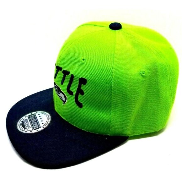 Seattle Seahawks Headlines Snapback Hat Cap Navy Blue & Neon Green (T11) - Picture 2 of 4